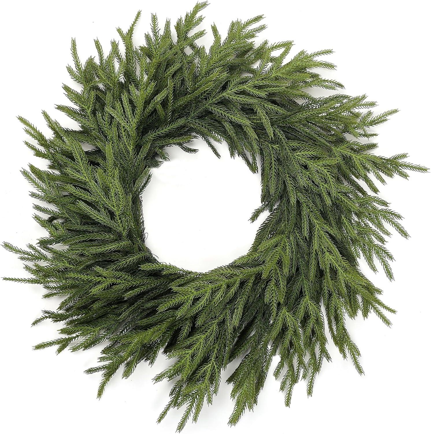 MUYIER 24" Real Touch Norfolk Pine Wreath for Front Door Artificial Christmas Wreath Green Faux Pine Wreath