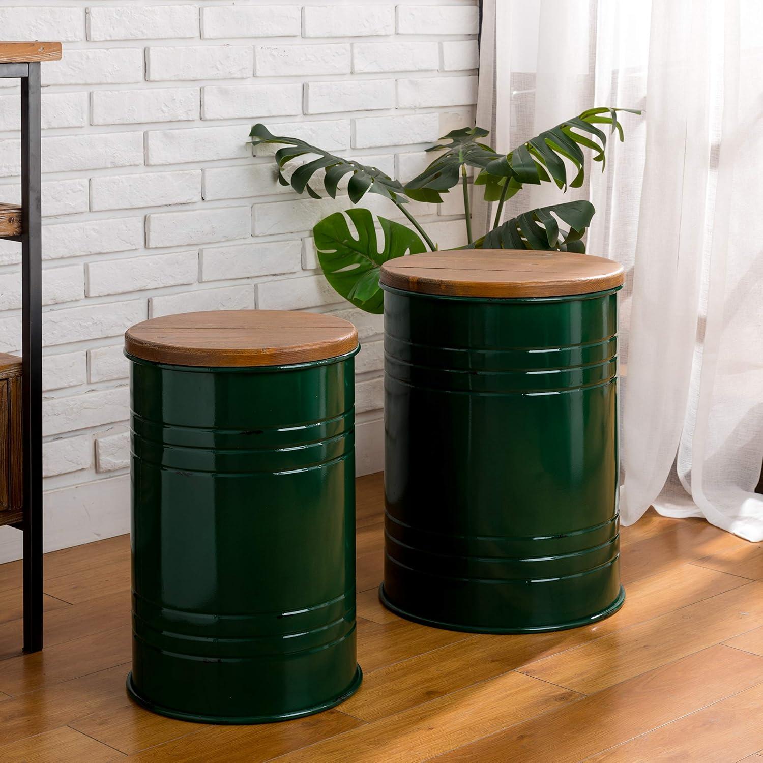 Glitzhome Rustic End Table Set of 2, Farmhouse Galvanized Metal Barrel Ottoman Storage Stool with Round Wood Lid for Living Room Furniture, Hunter Green
