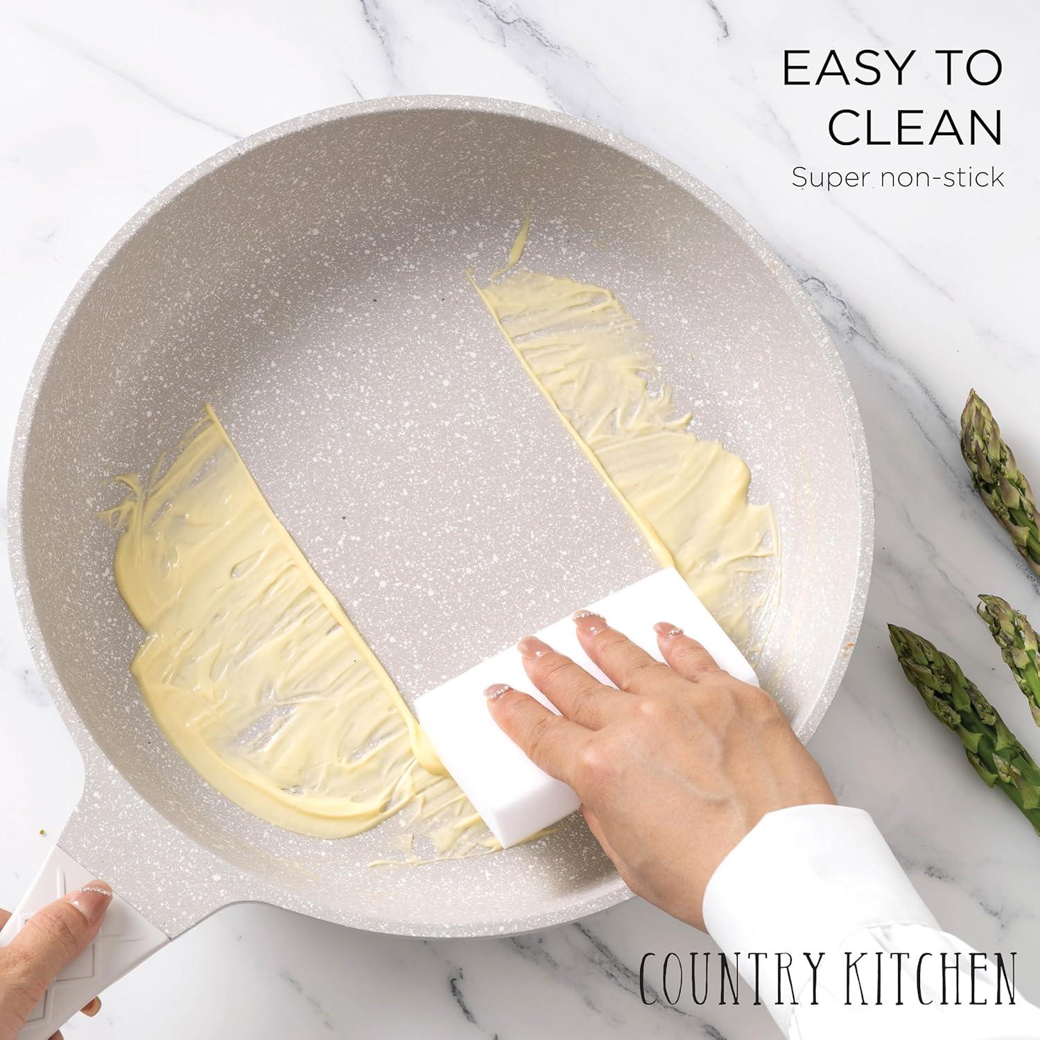 Country Kitchen 11-Pc Cast Aluminum Cookware Set Non Stick Pots and Pan Set, Cream Diamond