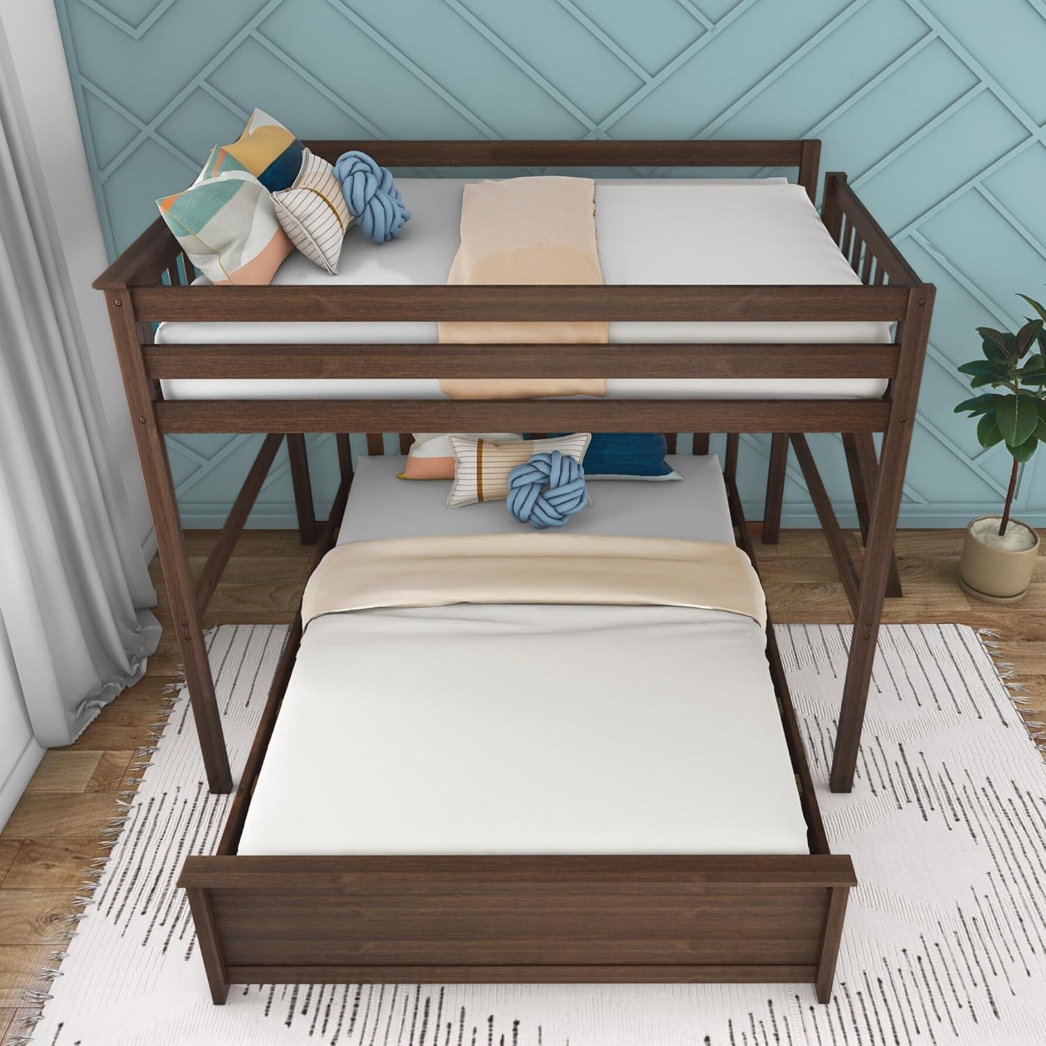 Max & Lily Bunk Bed, L Shaped Full-Over-Queen Bed Frame for Kids with Ladder on End, Solid Wood Bunk Bed for Kids, No Box Spring Needed, Walnut