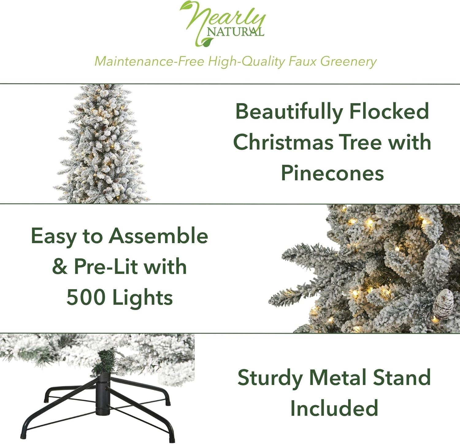 Nearly Natural 7.5' Pre-Lit LED Flocked Slim Livingston Fir with Pinecones, Electric Powered