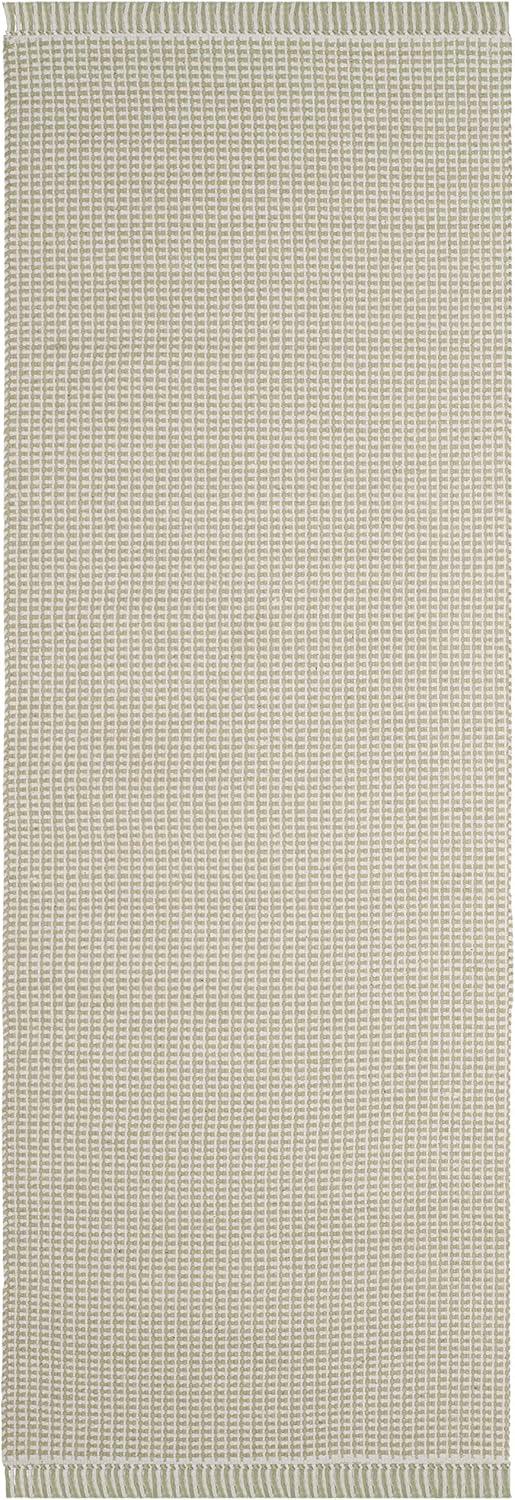 Ivory and Green Handwoven Cotton Runner Rug