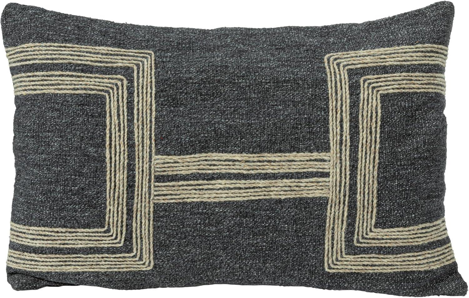 24-Inch Charcoal Cotton Blend Lumbar Pillow with Jute Embroidery