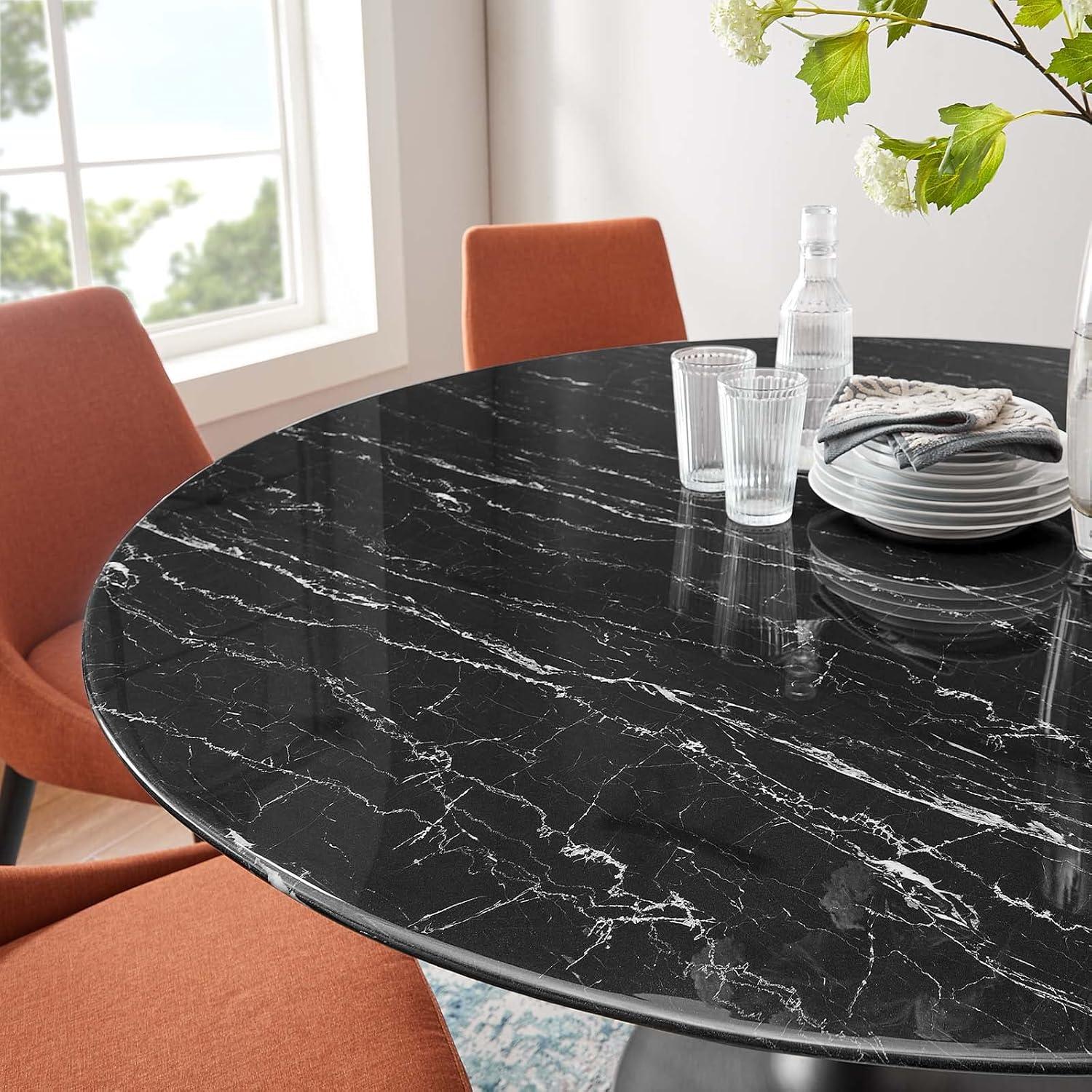 Black Round Marble Pedestal Dining Table for Six