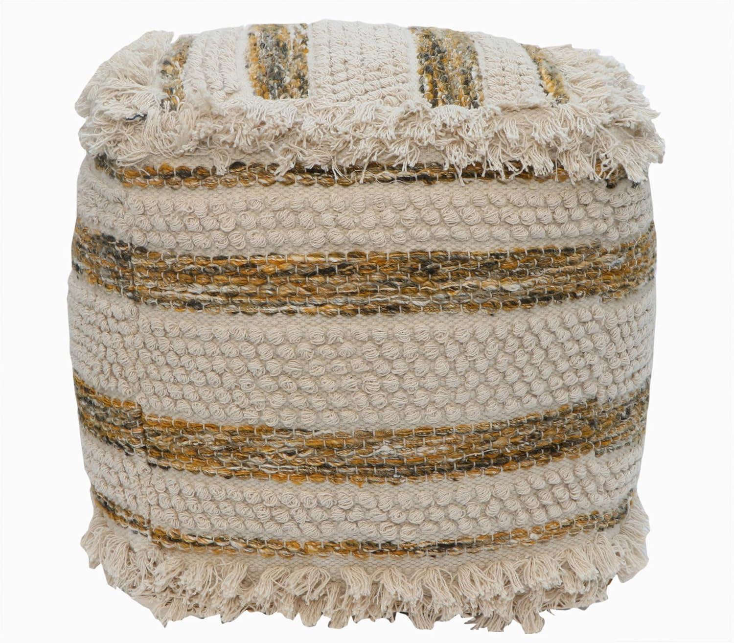 Aya 21" Round Cotton Wool Striped Pouf Ottoman with Tassel Fringe, Yellow/Brown