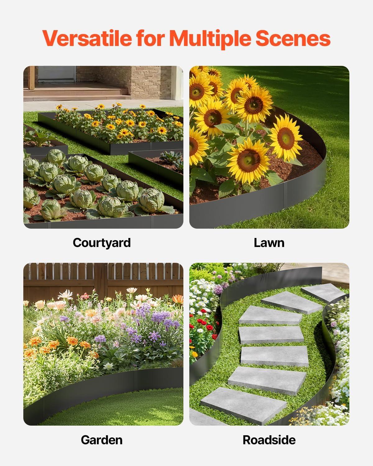 KFFKFF 6 PCS Metal Landscape Edging 40" L x 8" H Galvanized Steel Garden Border Flexible Hammer-In Outdoor Landscaping Edge with 8 Clips for Lawn, Garden, Walkway, Yard (Black)