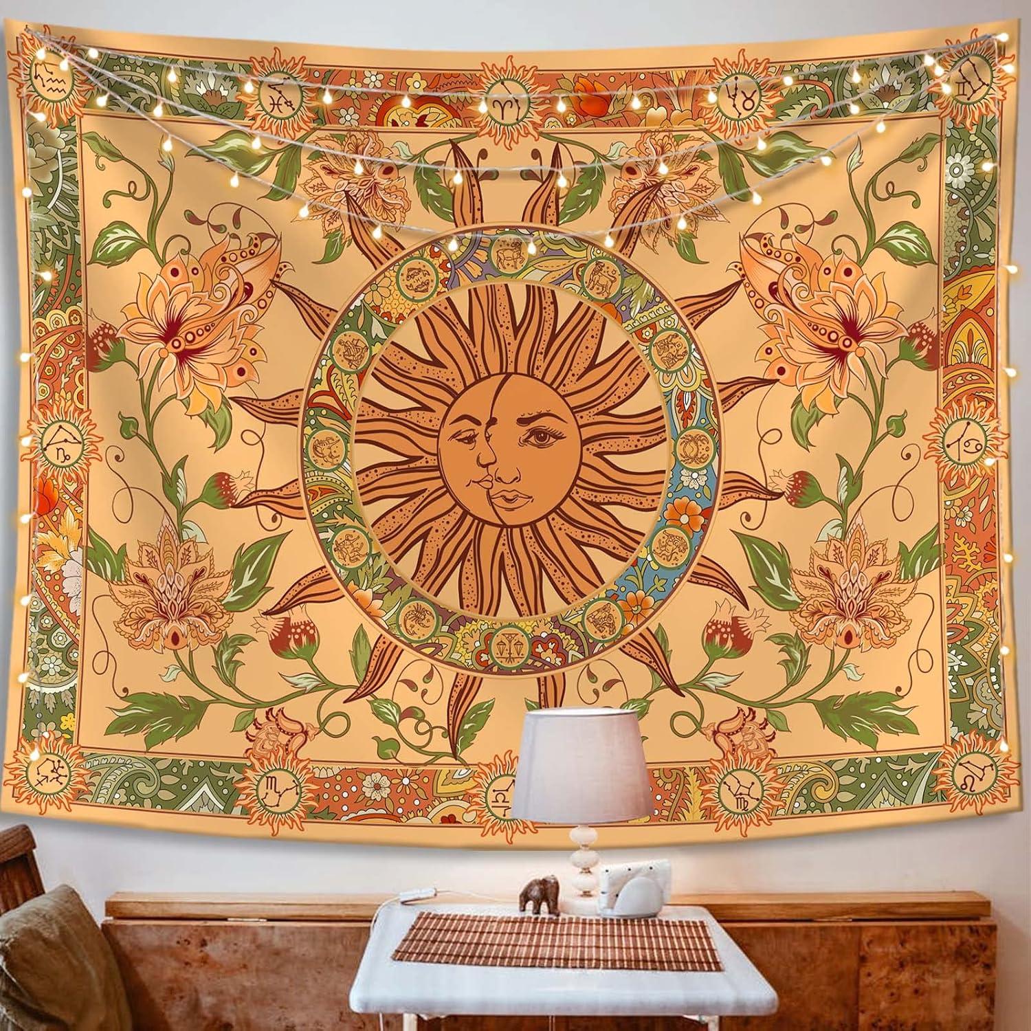Yellow Sun and Moon Tapestry Vintage Indie Boho Tapestry Wall Hanging with Sunflowers Butterfly Moth Constellation Aesthetic Wall Tapestries for Room Decor (35''high × 47''wide)