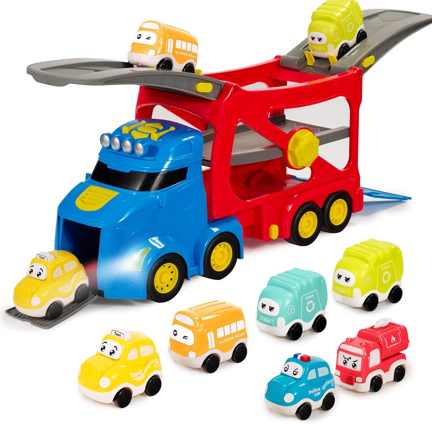 Extra Large Toy Trucks for Toddlers, 3-Layer City Trucks for 2 3 4 Year Old Kids, 7-in-1 Big Transport Vehicle Carrier Truck with Siren & Lights and 6 Toy Cars, Birthday Gifts for Boys Girls