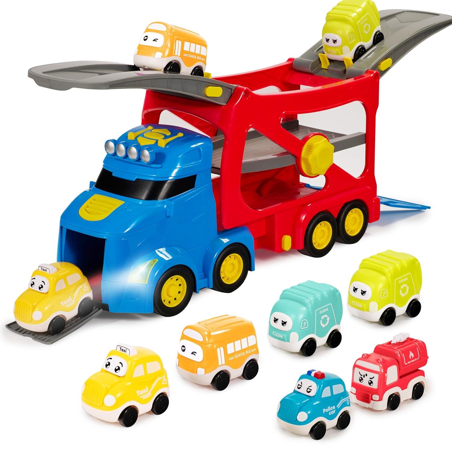 Extra Large Toy Trucks for Toddlers, 3-Layer City Trucks for 2 3 4 Year Old Kids, 7-in-1 Big Transport Vehicle Carrier Truck with Siren & Lights and 6 Toy Cars, Birthday Gifts for Boys Girls