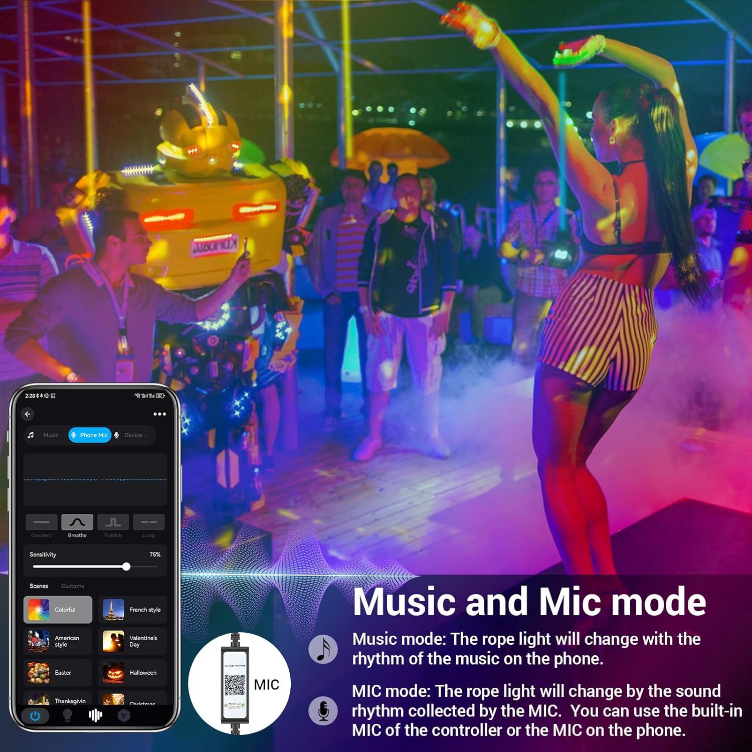 Novostella 98.4ft (49.2x2) Smart LED Outdoor Rope Light, Music Sync RGB Strip Lights, App Control and RF Remote Color Changing Dimmable Tape Exterior Lighting Kit, for Garden Stairs Party, 24V IP65