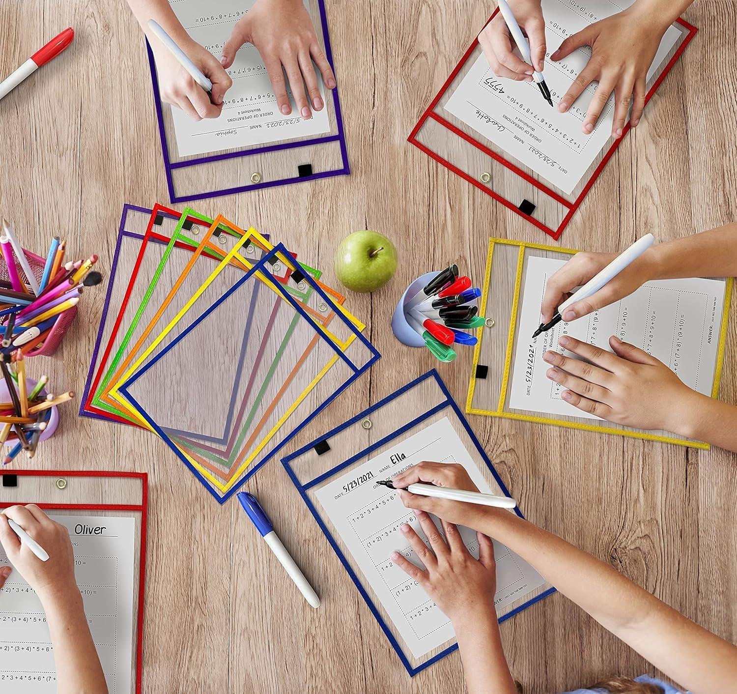 SCRIBBLEDO Dry Erase Pockets Reusable Dry Erase Sleeves with Marker Holder Colorful Dry Erase Pocket Sleeves for School Classroom or Work Ticket Holders Assorted Colors 50 Pack