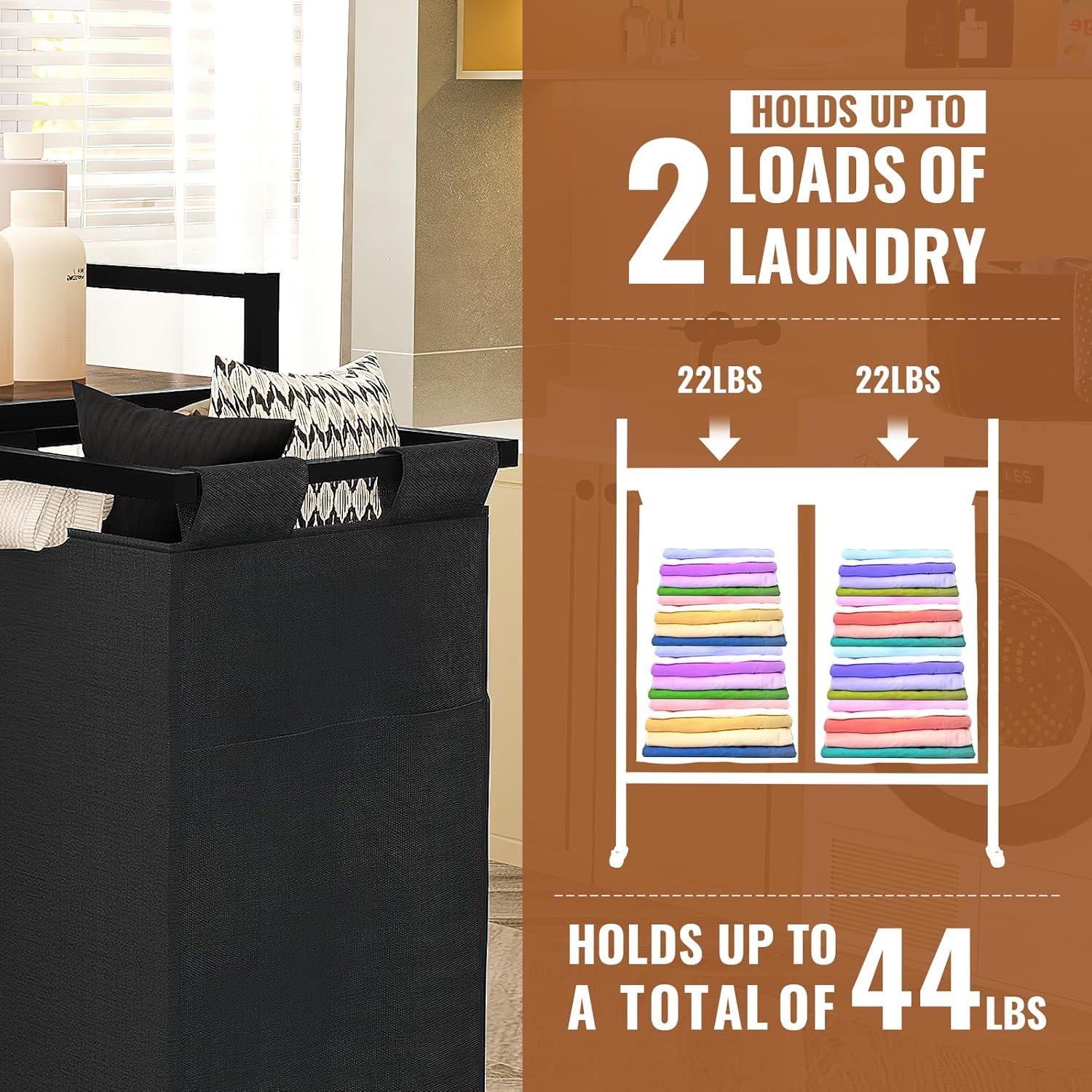 VASAGLE 46L Laundry Hamper Laundry Basket with 2 Pull-Out Bags Laundry Sorter with Shelf Rustic Brown and Black
