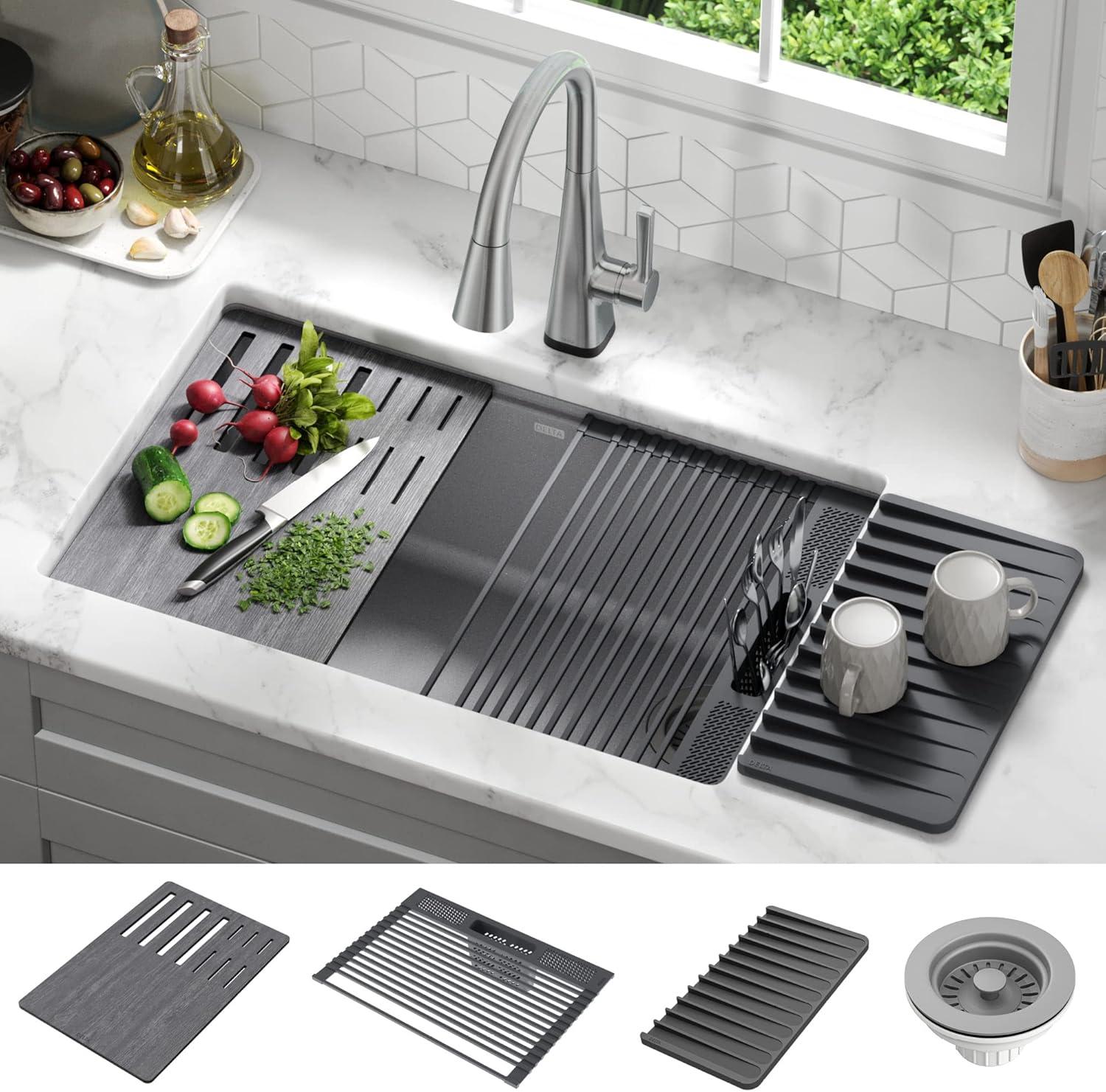 Dark Grey Granite Composite Drop-In Single Bowl Kitchen Sink