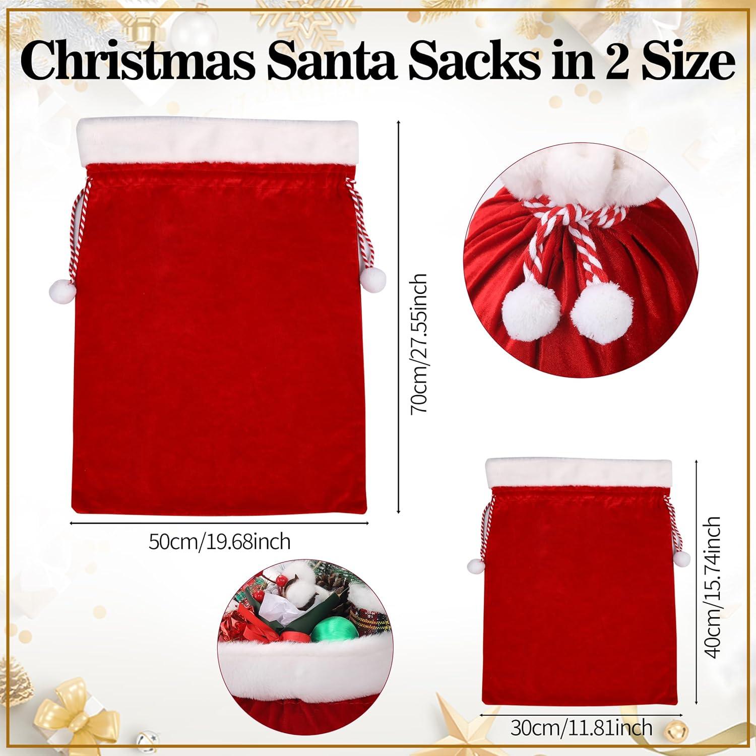 2 Pcs Christmas Velvet Bags with Drawstring Large Plush Santa Sack Christmas Gift Bags in 2 Size for Xmas Package Storage Bags