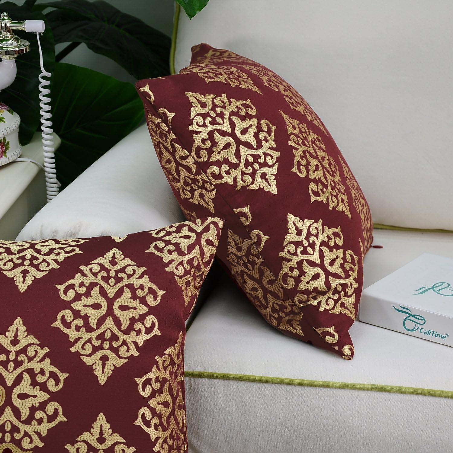 Pack of 2 Soft Jacquard Throw Pillow Covers Cases for Couch Sofa Home Decoration Vintage Diamond Shape Damask Floral 18 X 18 Inches Burgundy Gold