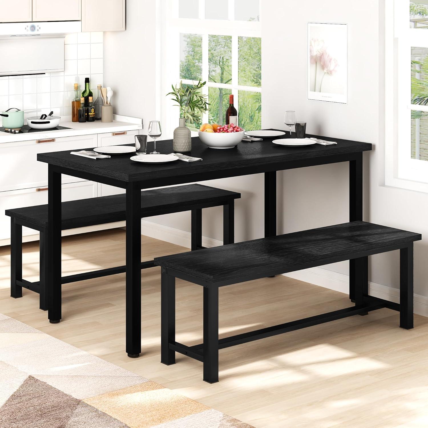 Werqueid Dining Benches, 39 Inch Table Benches, Pair of 2 Benches for Dining Room, Kitchen, Entryway, Bedroom, Industrial Small Bench Kitchen Bench with Metal Legs, Easy to Assemble, Black