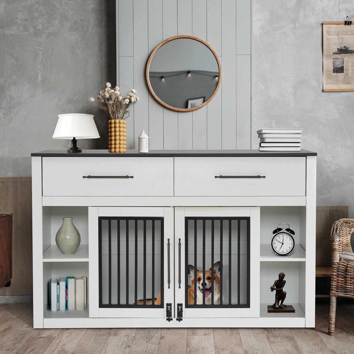 White and Gray Wooden Dog Crate Furniture with Drawers