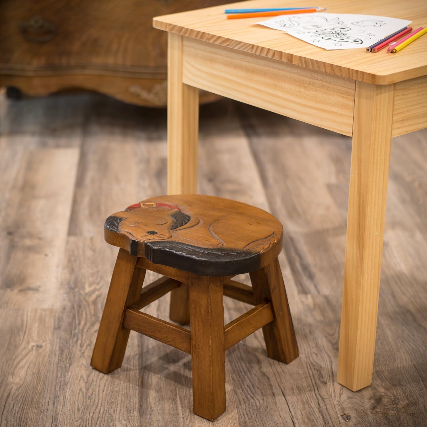 Hand-Carved Acacia Hardwood Decorative Short Stool with Bird Design