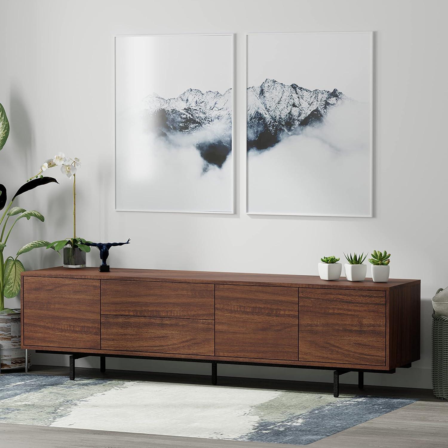 Walnut and Black Modern TV Stand with Cabinet