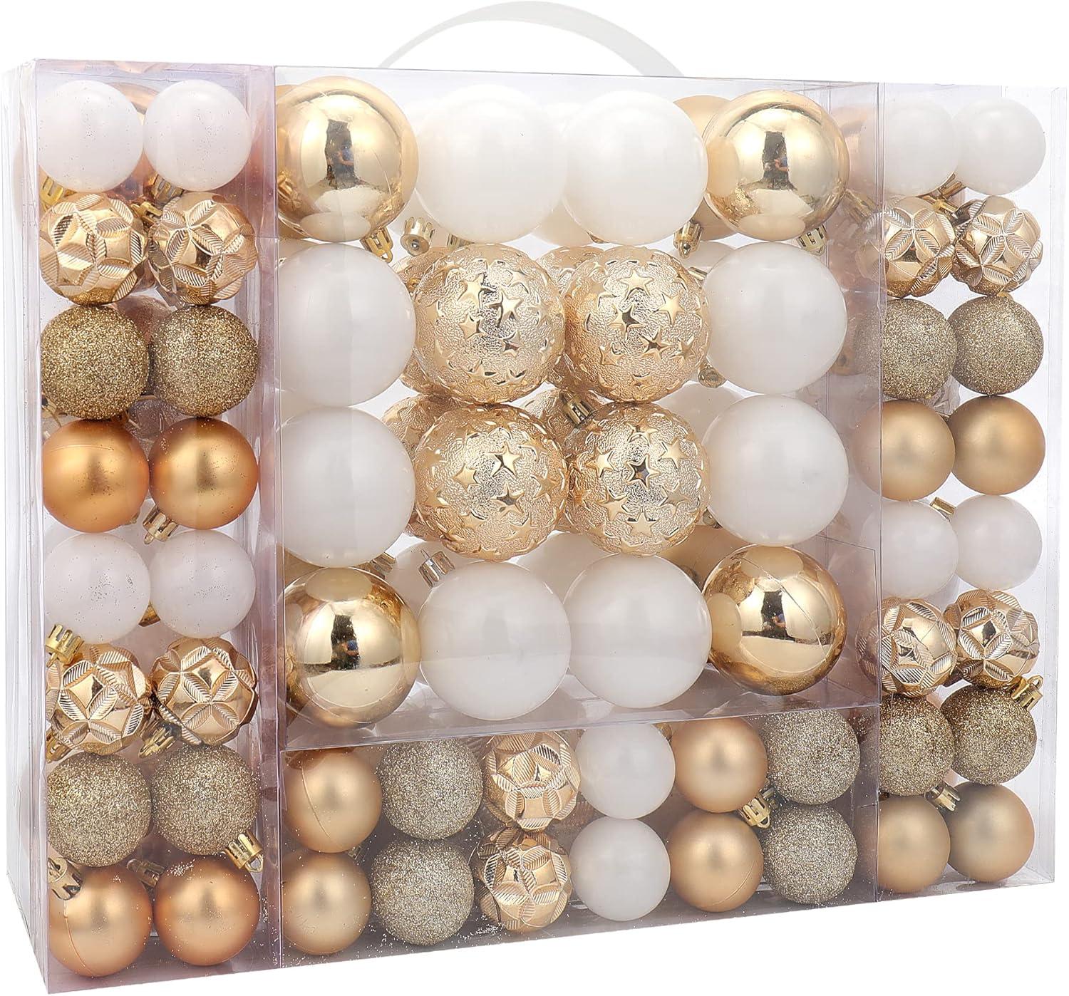 87-Piece Gold and White Shatterproof Plastic Christmas Ball Ornaments Set