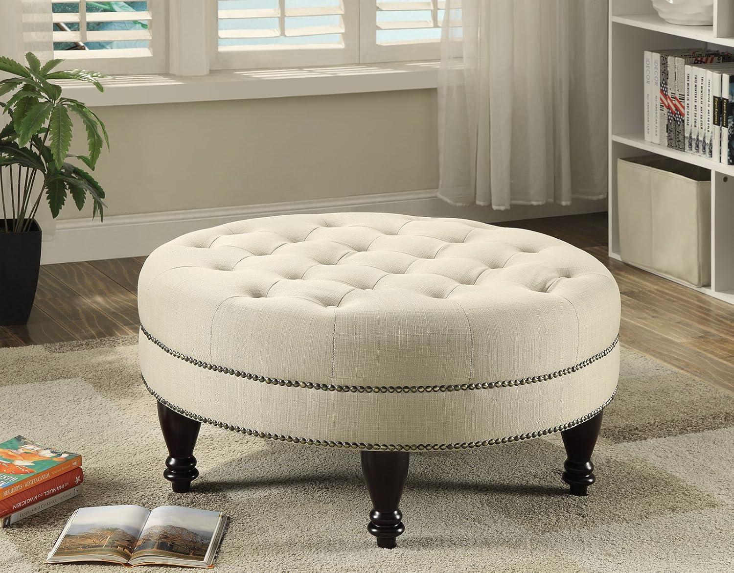 Elegant Oatmeal Linen Tufted Round Cocktail Ottoman with Nailhead Trim