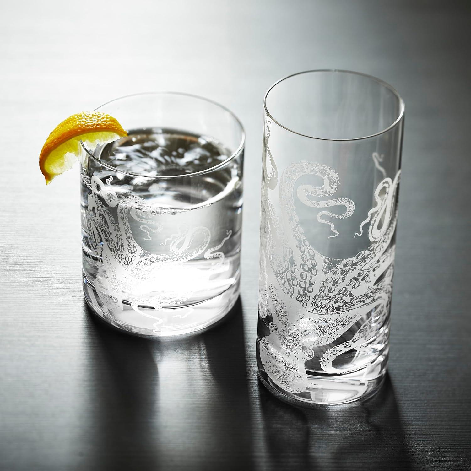 Lucy Hand-Etched Octopus Highball Glass Set of 2