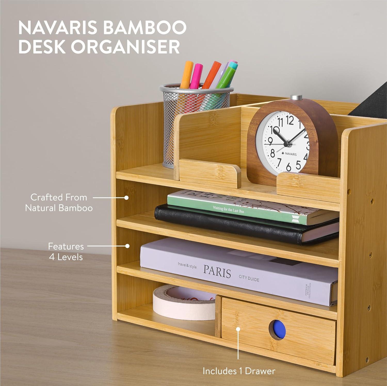 Navaris Bamboo Desk Organizer - Wood Desktop Storage Drawers and Compartments for Organizing Stationery, Documents, Files, Office Accessories