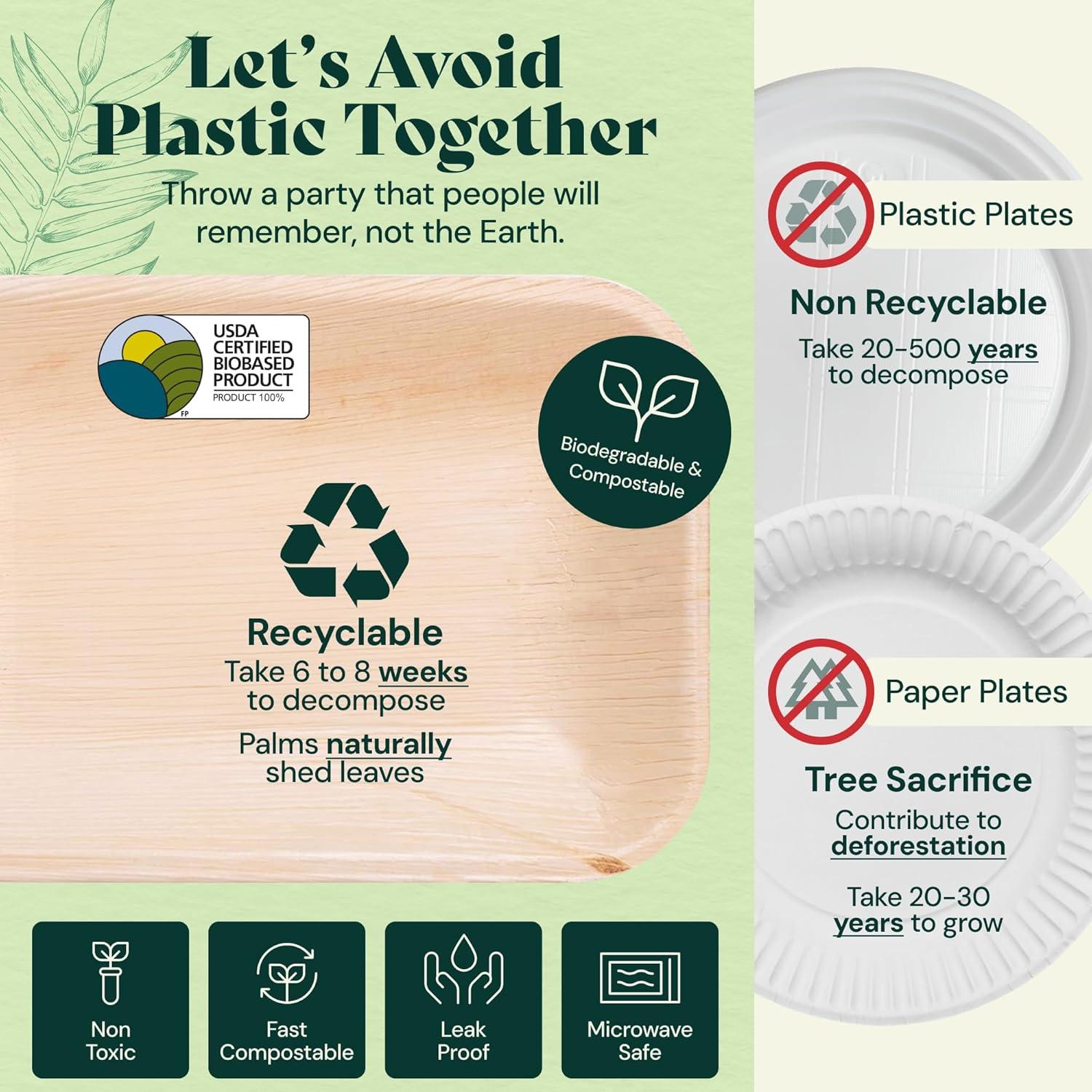 Chic Leaf Disposable Palm Leaf Trays, 17" x 12", 10 Pack, Compostable, Eco-Friendly Platters Charcuterie Board