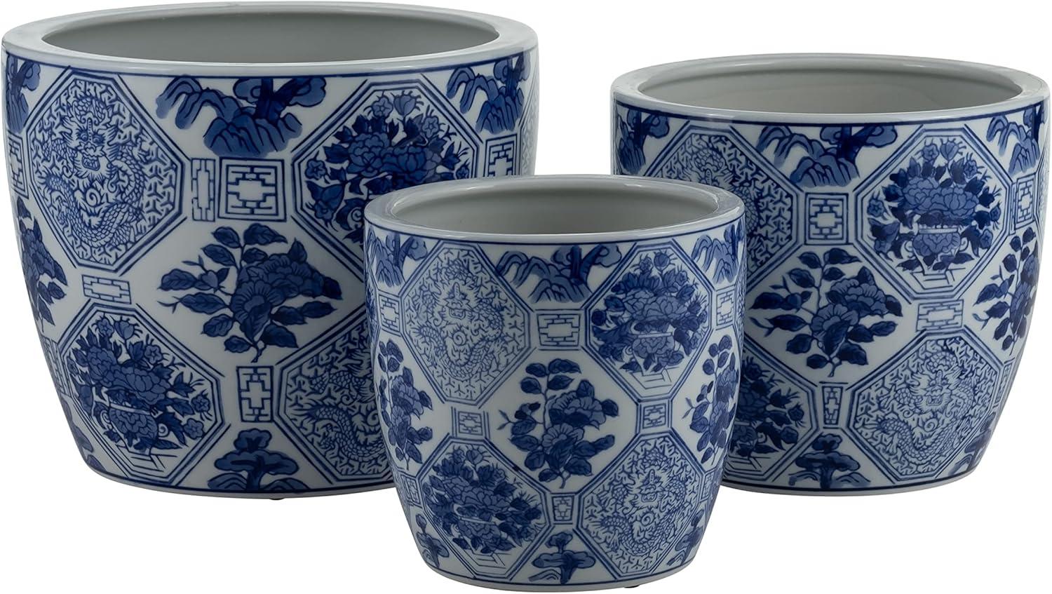 Sagebrook Home 3pc Chinoiserie Ceramic Indoor Outdoor Planter Pots Blue/White: Rust-Resistant, Hand-Painted, No Drainage Holes