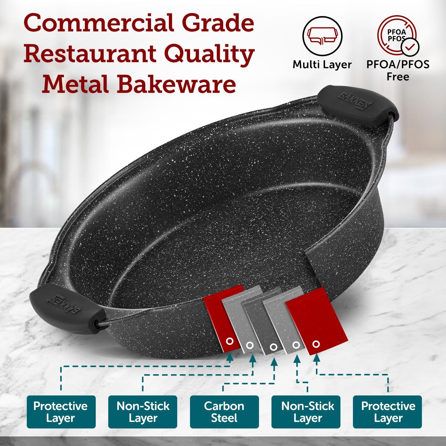 BAKKEN 8-Piece Kitchen Oven Baking Pans Set - Deluxe Nonstick Gray Marble Coating, Professional Grade Carbon Steel Bakeware with Silicone Handles