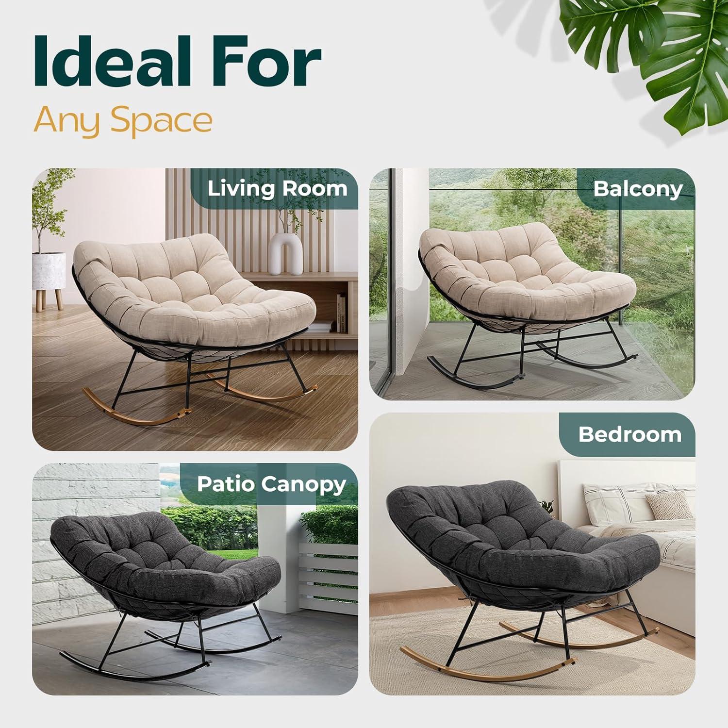 Bme Patio Rocking Chair Outdoor and Indoor, Modern Metal Lounge Rocker with Thick 7'' Cushion, 400lbs Capacity, Ergonomic Design, Easy Assembly, Grey Cushion - Black Matte Rocker