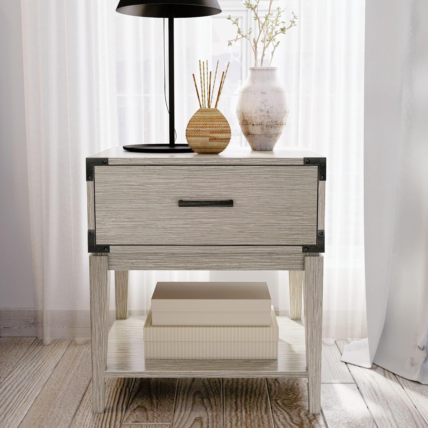 Plank+Beam Solid Wood Nightstand with 1 Drawer, Contemporary Side Table for Bedroom, Seashell Wirebrush