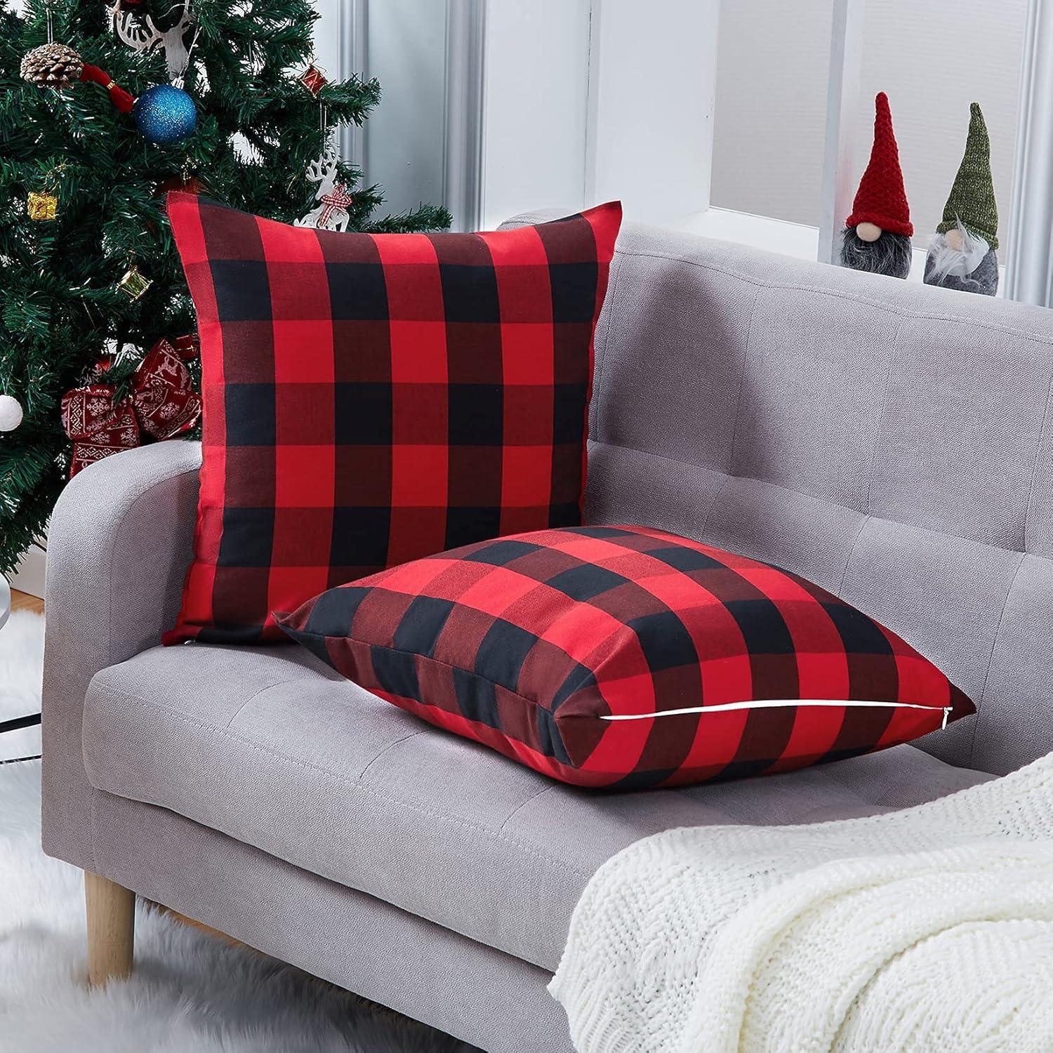 2 Pack Christmas Pillow Covers Buffalo Check Plaid Throw Decorative Cushion Case Polyester for Farmhouse Home Decor Red and Black, 18" x 18"
