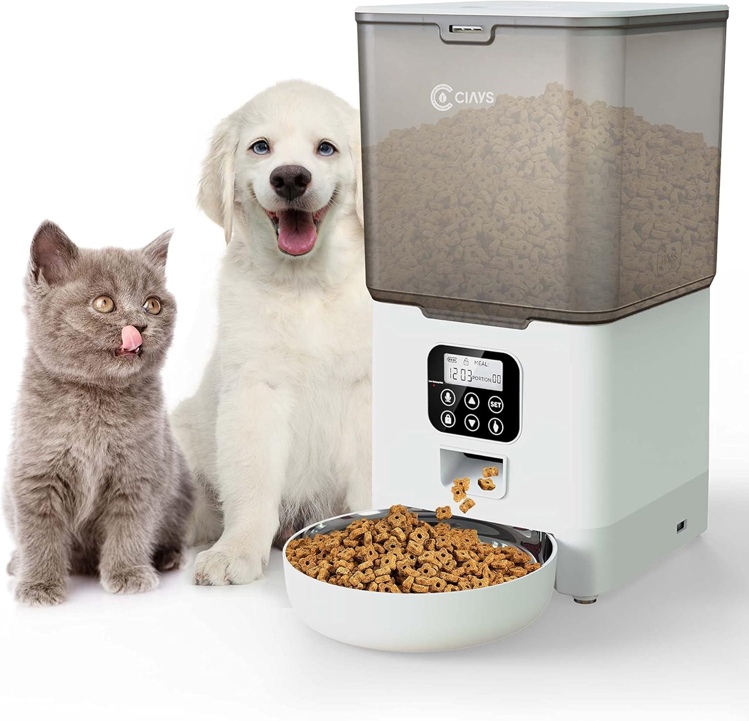Ciays Automatic Cat Feeder, 5.6L, Control 4 Meals Per Day, Pet Dry Food Dispenser, Dual Power Supply & Voice Recorder, White C49