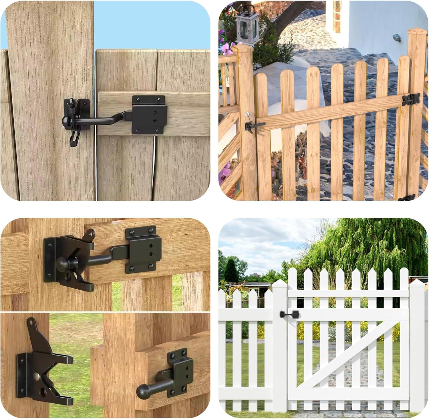 Gate Latch Automatic Gate Gravity Latch Self Locking Fence Gate Latch with Pull Cable for Wooden Fence Gates Door, Black
