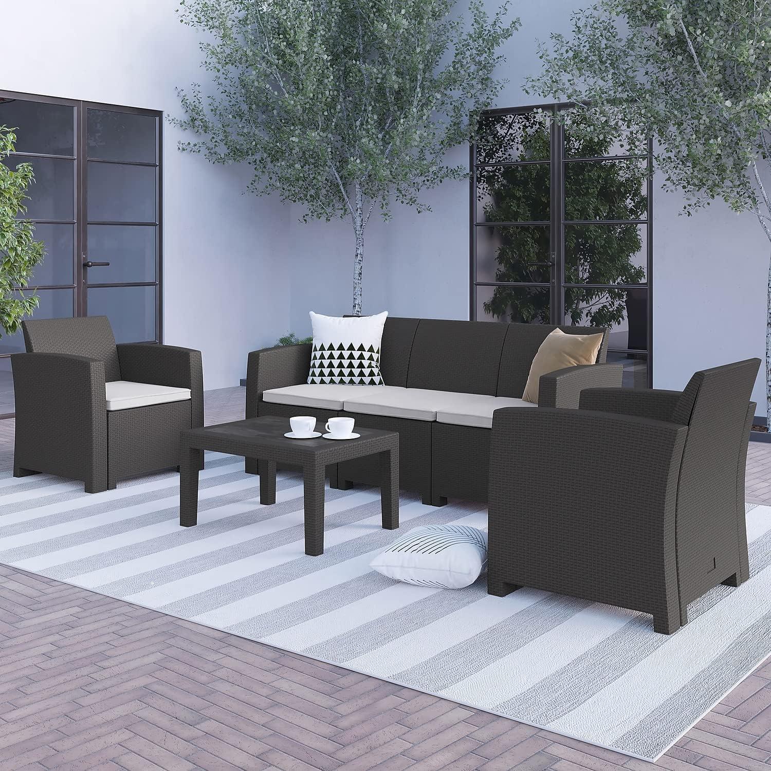 Merrick Lane 4 Piece Dark Gray Faux Rattan Patio Furniture Set with 2 Chairs and Sofa with Removable Light Gray Cushions and Table