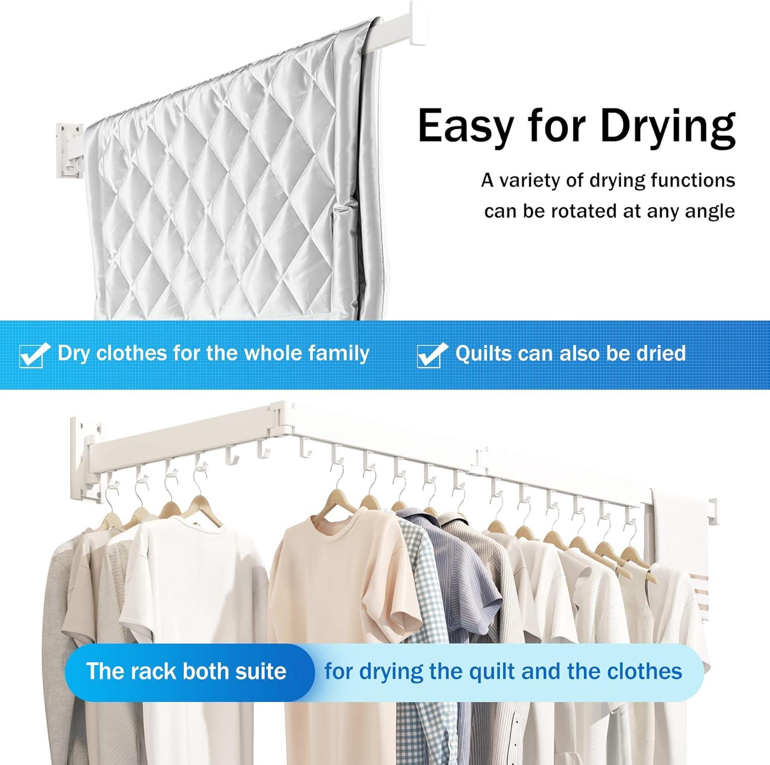 Clothes Drying Rack for Laundry, Retractable Clothes Hanger Rack Wall Mounted Folding Indoor, Drying Rack, Space Saver Clothes Rack,Collapsible (Tri-Fold) with 18 J-Hooks Laundry Rack White