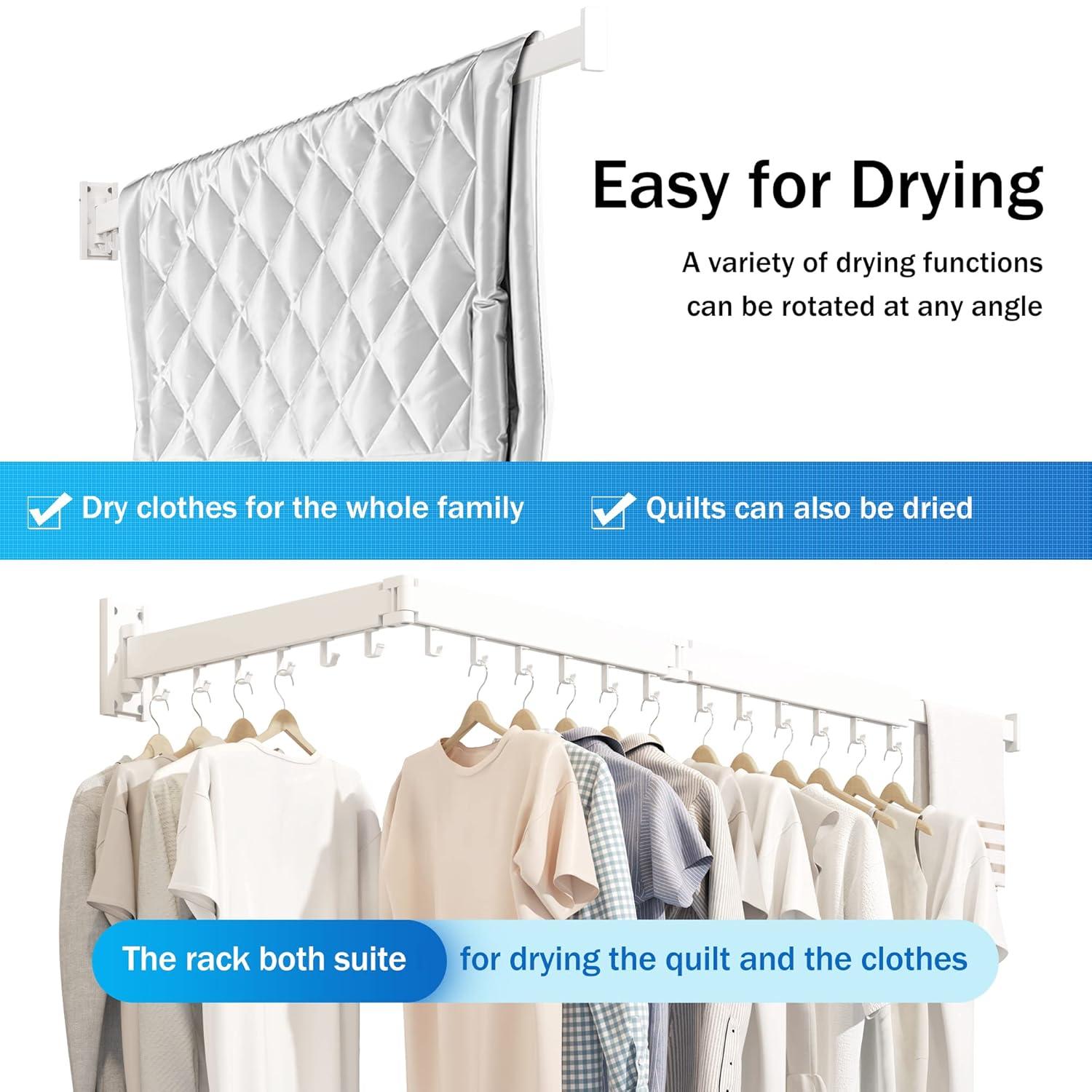 Dr.DJ Clothes Drying Rack for Laundry, Retractable Clothes Hanger Rack Wall Mounted Folding Indoor, Drying Rack, Space Saver Clothes Rack,Collapsible (Tri-Fold) with 18 J-Hooks Laundry Rack White