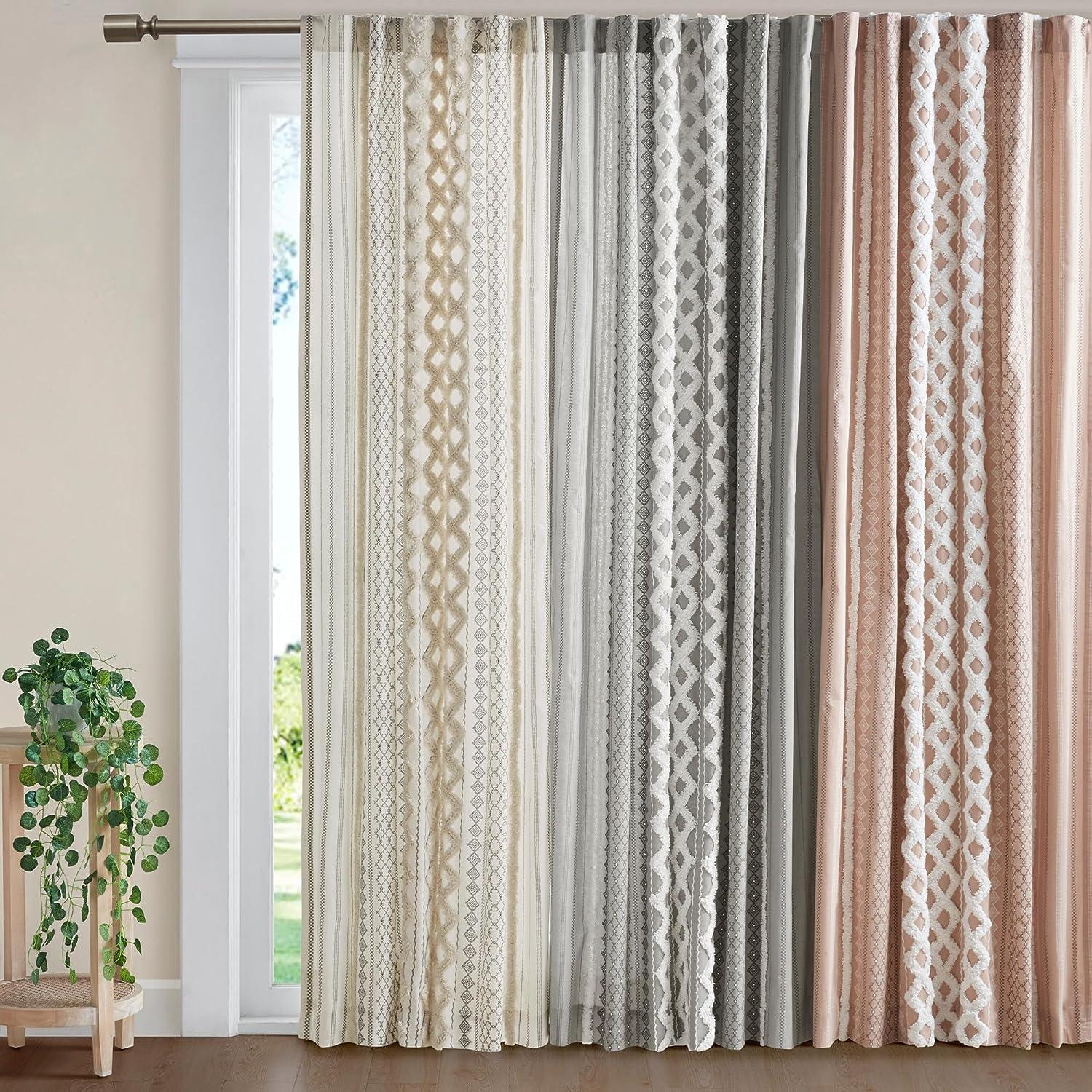 Ivory Cotton Chenille Stripe Room Darkening Curtain Panel