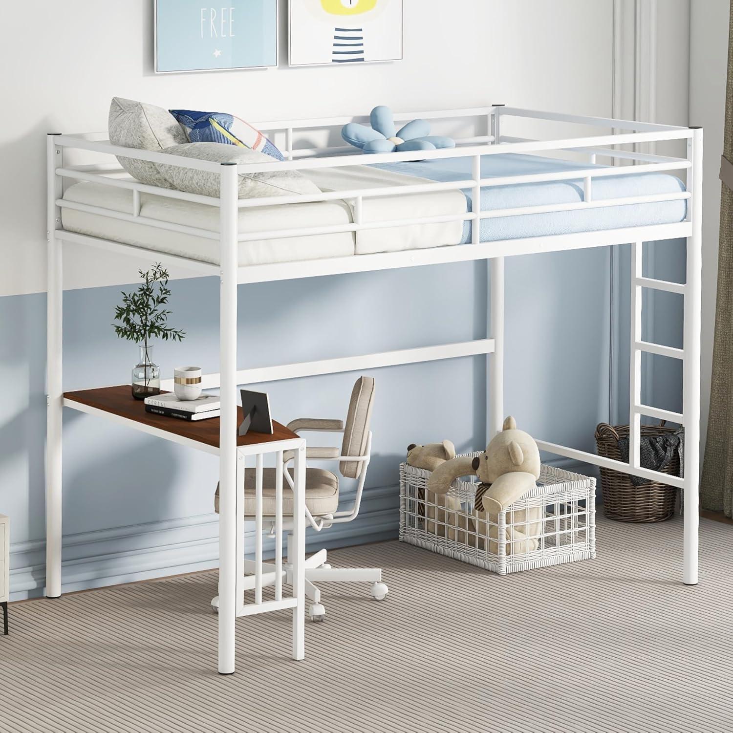 White Metal Twin Over Full Bunk Bed with Desk and Storage