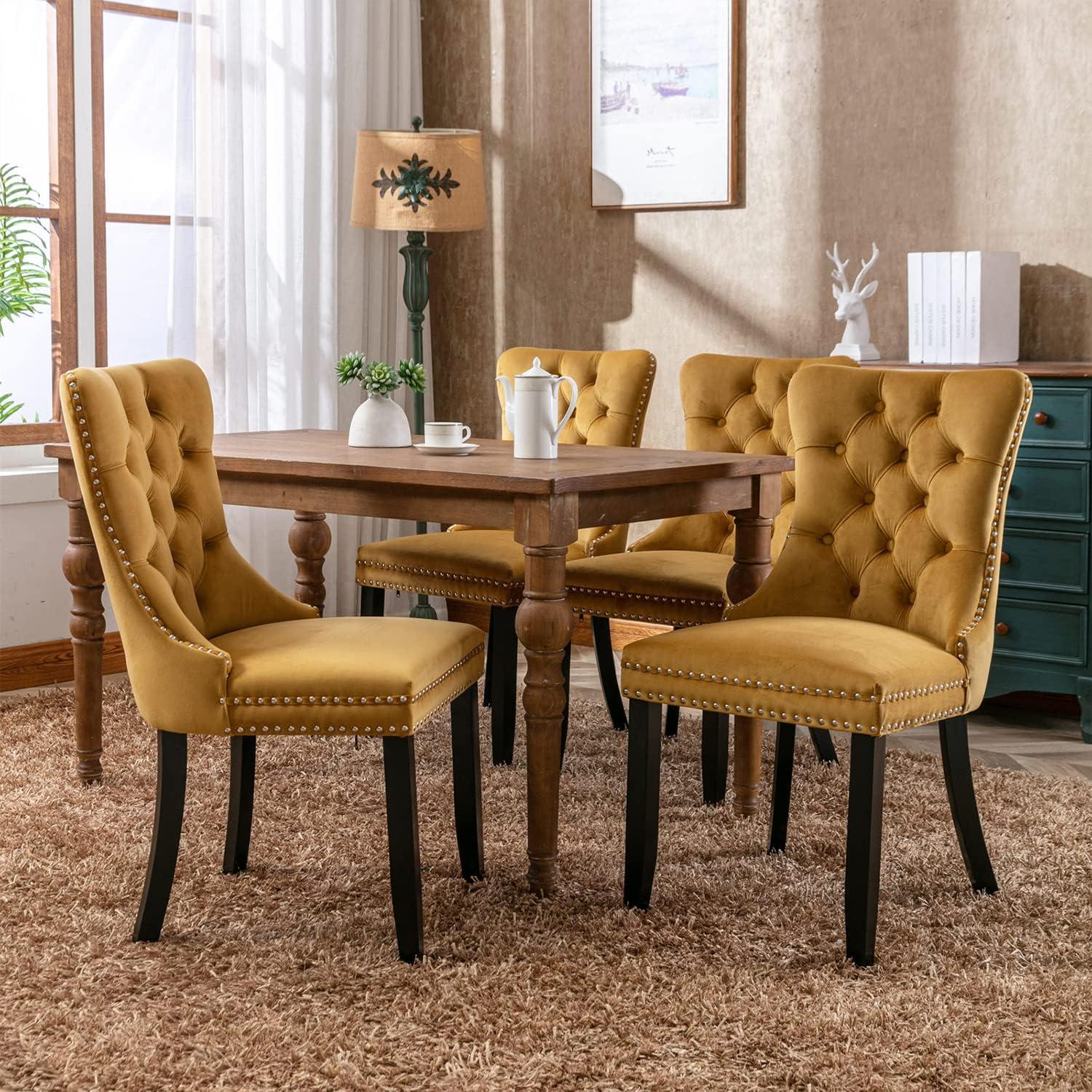 ODUSE-DAILY Yellow Velvet Dining Chairs Set of 4, Kitchen & Dining Room Chairs, Sillas De Comedor, Nailheads Tufted, Fabric Upholstered, Solid Wood (Gold, 4 Pcs)