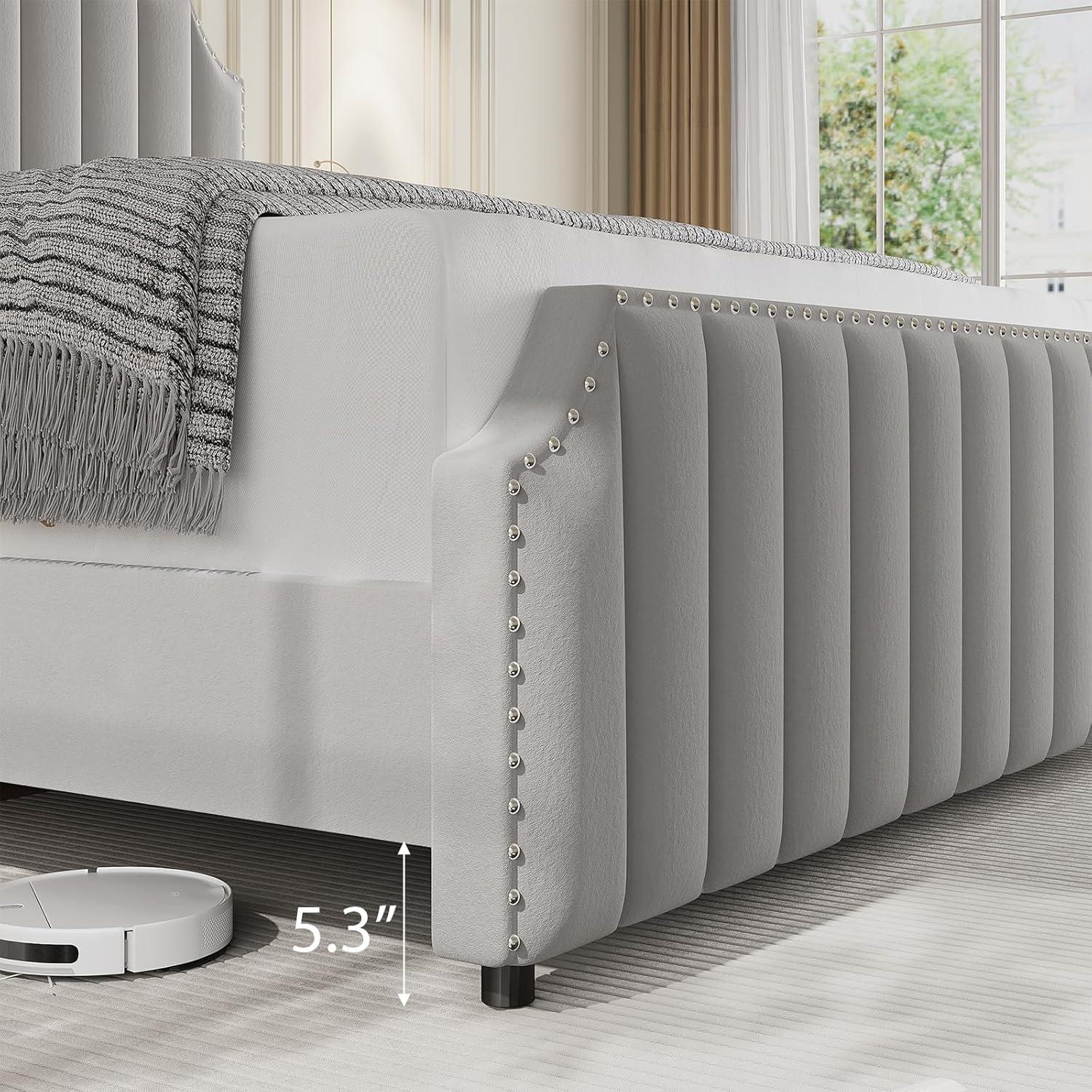 Queen Size Platform Bed Frame with 50.2" Headboard, Velvet Upholstered Bed Frame Queen with Vertical Channel Tufted Headboard & Footboard,Light Gray
