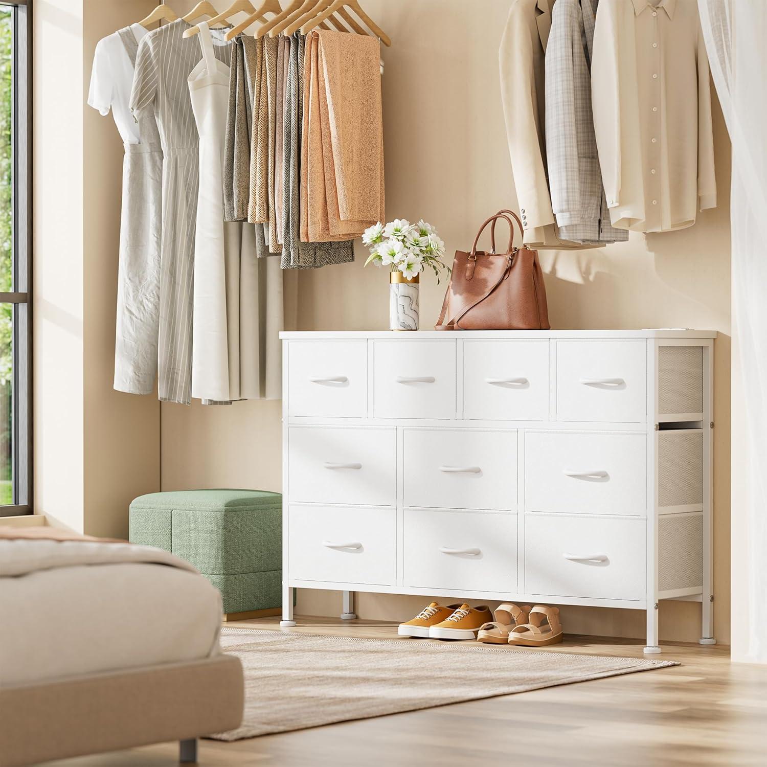 Lulive 10 Drawer White Dresser for Bedroom, Dresser TV Stand with Power Outlet, Entertainment Center Chest of Drawers for 55'' Long TV, Wide Fabric Dresser for Storage and Organization (White)