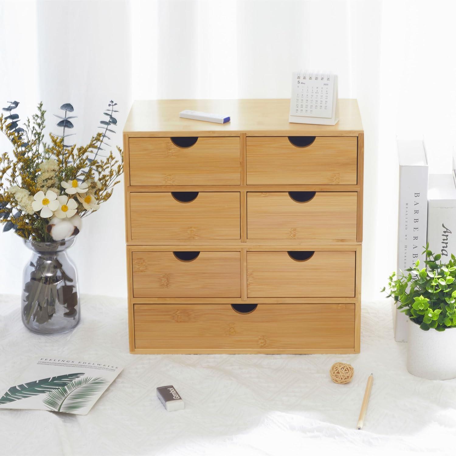 Bamboo Desk Organizer with 3 Drawers, Countertop Organizer with Drawers Makeup Storage Drawer 3 Drawers Tabletop Storage Organization Box Home Office Workspace