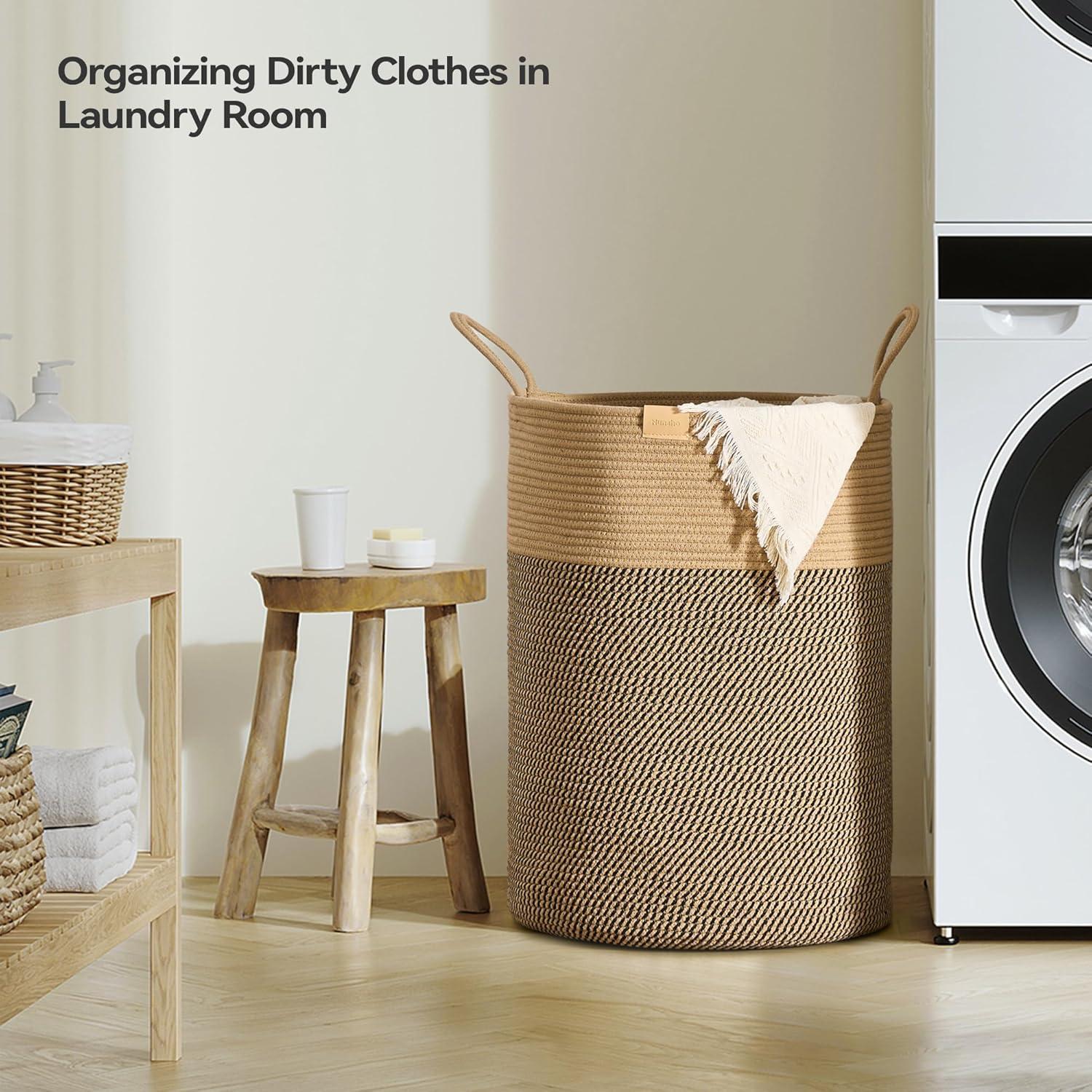 95L Beige and Dark Brown Woven Nursery Laundry Hamper