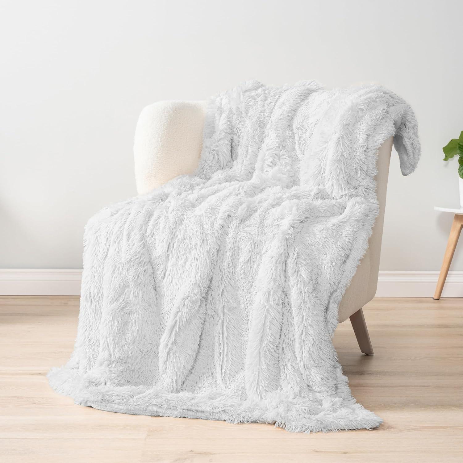 PAVILIA Fluffy Faux Fur Reversible Throw Blanket for Bed, Sofa, and Couch