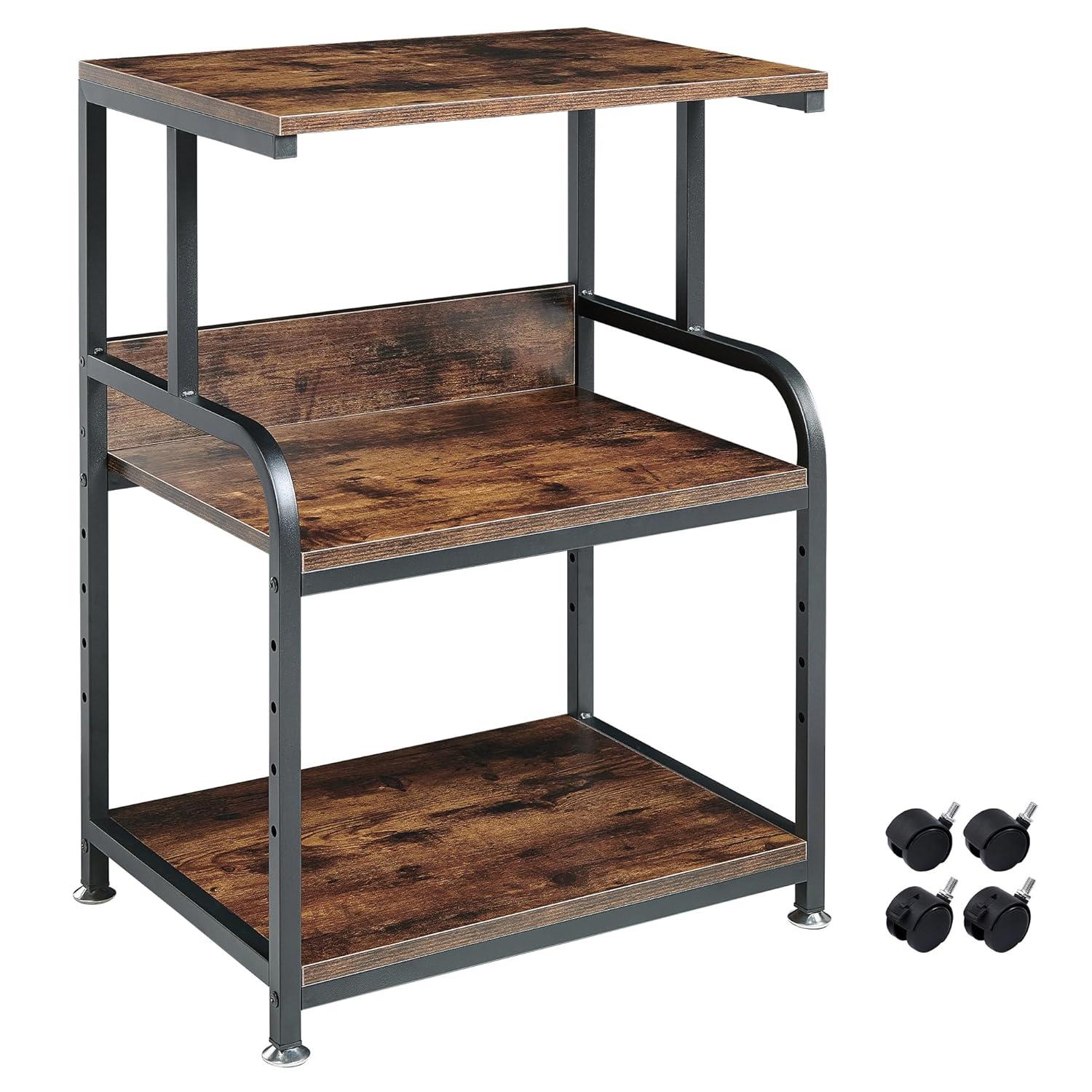 Printer Stand, Rolling Printer Cart with 3-Shelf, Modern Mobile Desk Organizer with 4 Wheels for Home and Office, Rustic Brown