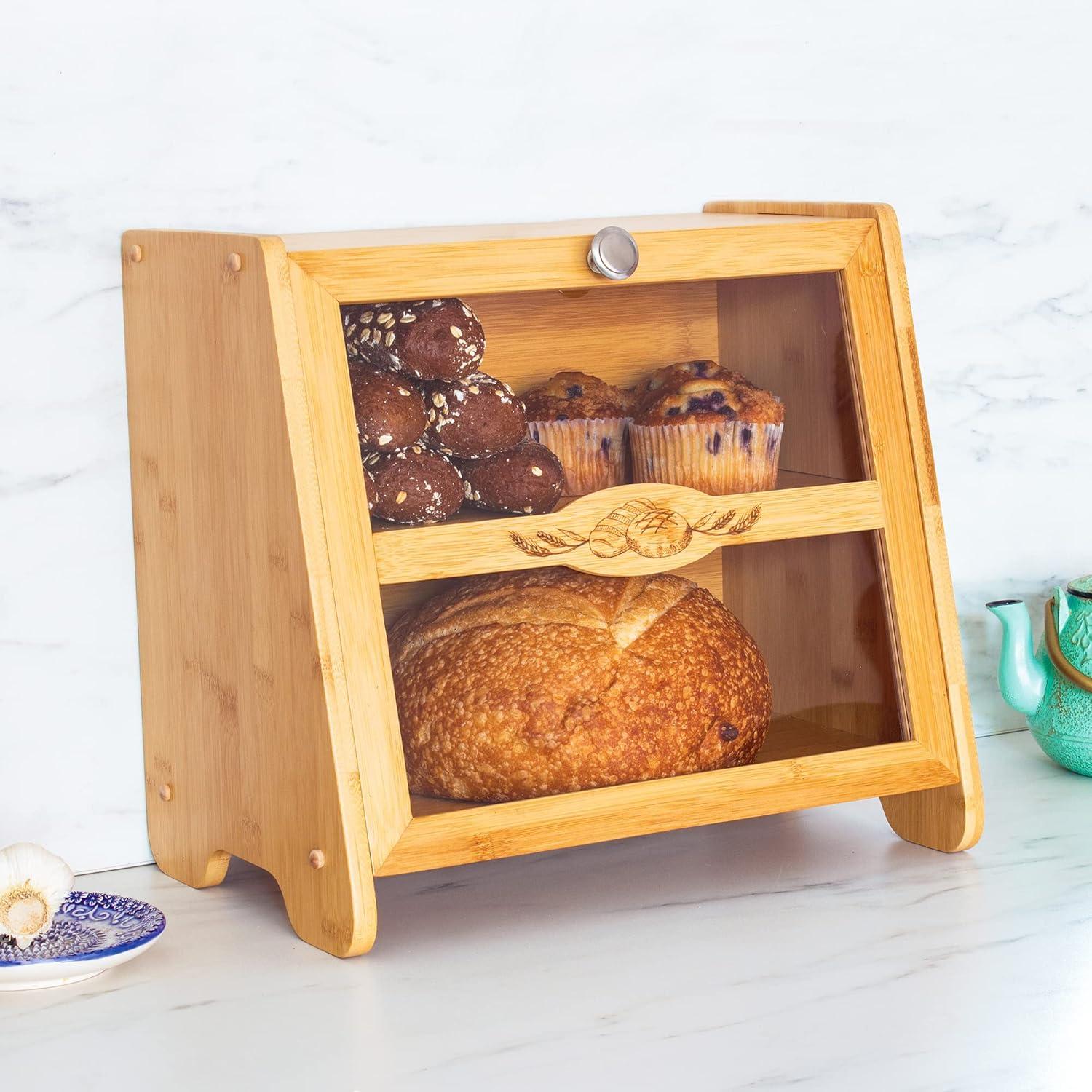 Double Layer Bamboo Farmhouse Bread Box with Window