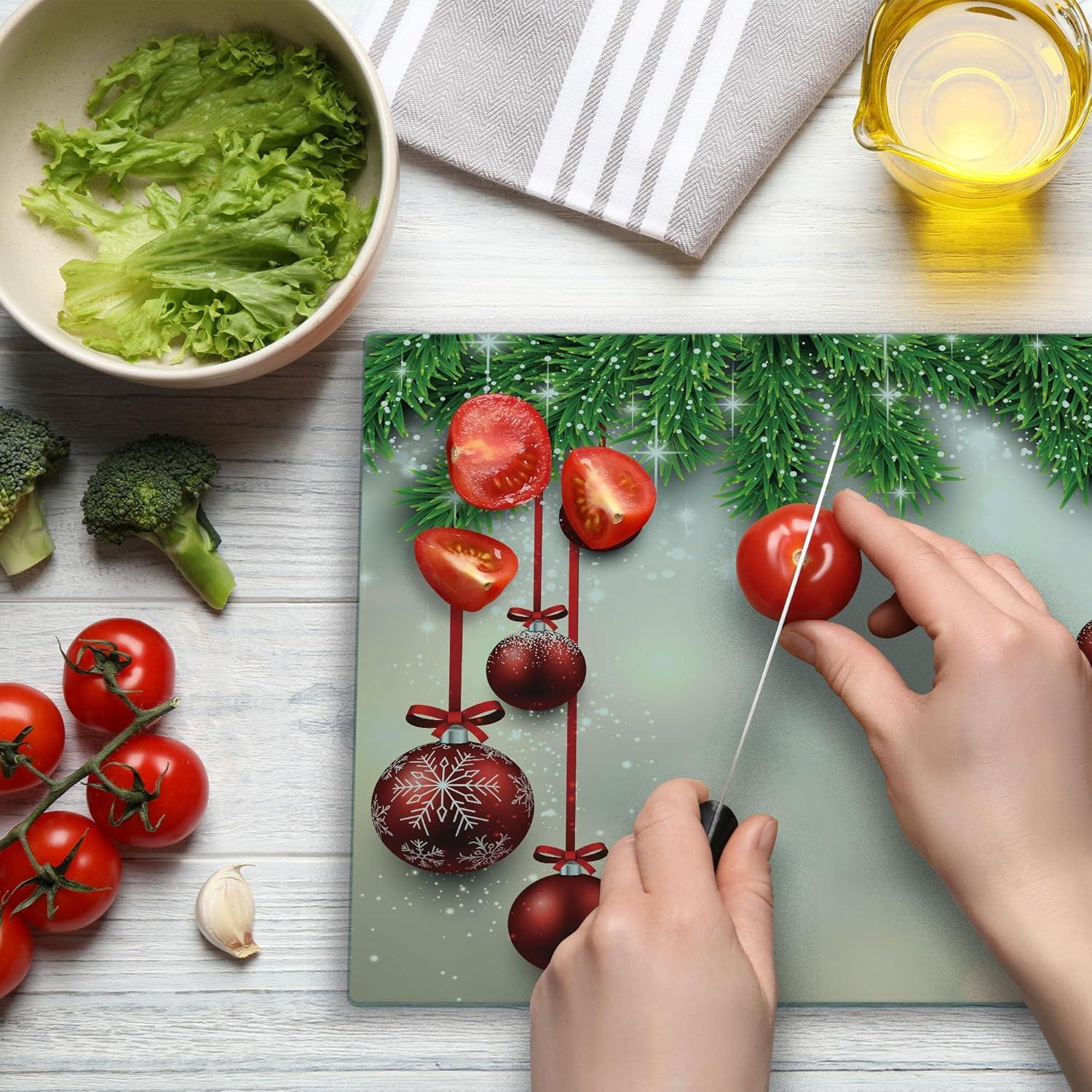 Christmas Cutting Board, Xmas Traditional Winter Season Theme Fir Twigs and Vibrant Balls Graphic Print, Decorative Tempered Glass Cutting and Serving Board, Large Size, Red Green, by Ambesonne
