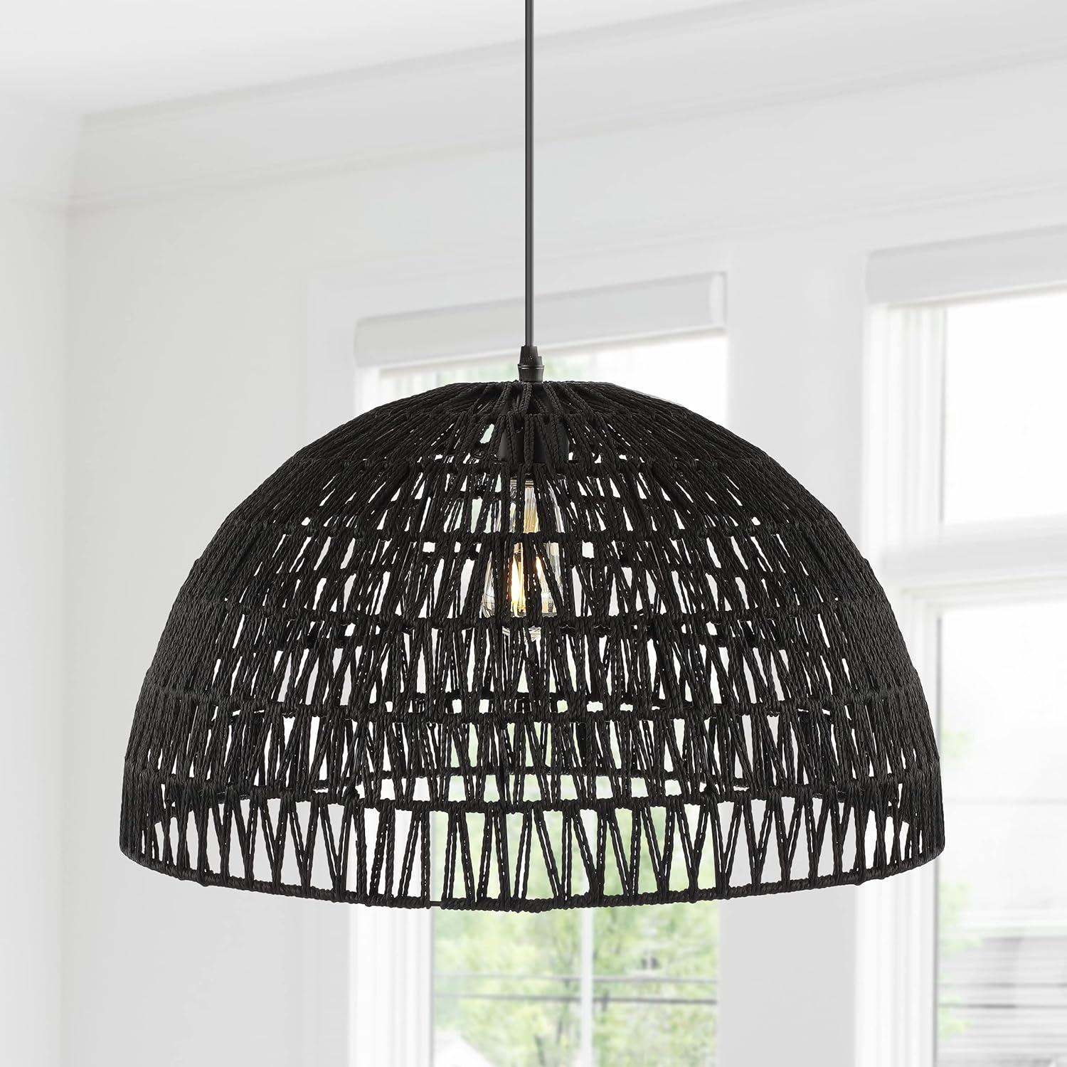 Bohemian Black Woven Rattan & Iron LED Dome Pendant 20"